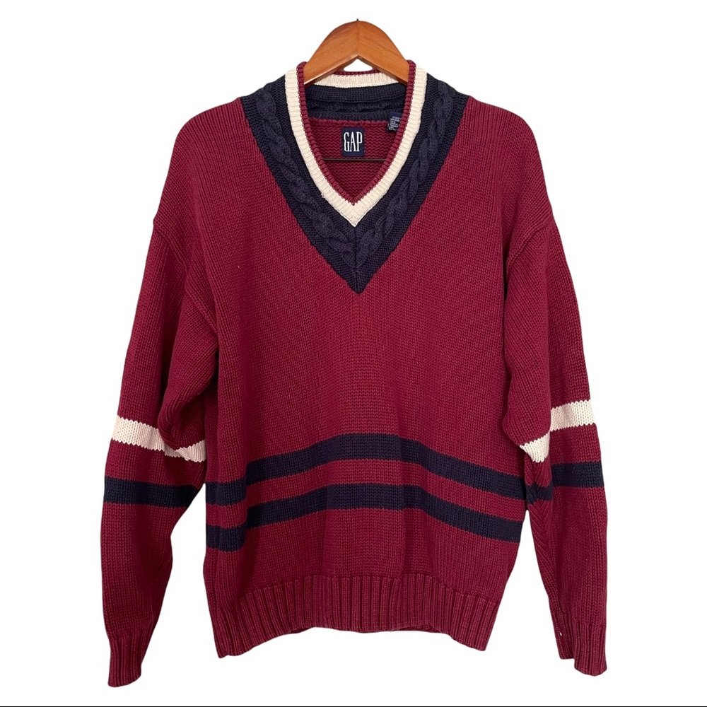Vintage Gap V-Neck Tennis Sweater Burgundy Red Navy Blue 90’s Men’s Large